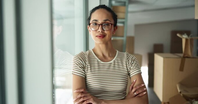 New business, moving in and face of woman with arms crossed for rental property, security and startup investment. Professional tenant, portrait and happy for mortgage, office relocation and milestone