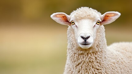Obraz premium A vibrant closeup of a healthy sheep showcasing its wool on a soft, blurred backdrop, emphasizing its texture.
