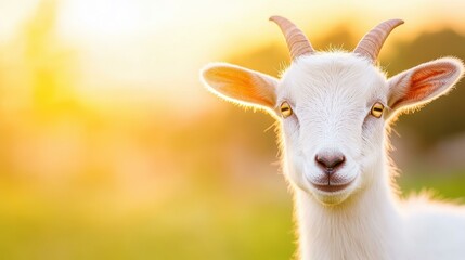Obraz premium A serene white goat basks in the warm glow of sunset, with a dreamy, blurred backdrop enhancing the tranquil scene.