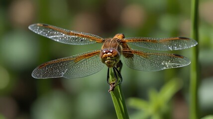 Close-up of a brown dragonfly perched on a green stem.