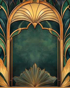 Art Deco Style New Year's and Christmas Card Design with Golden Arches, Geometric Patterns, Green and Gold Background, Ornate Fan Motifs, and Elegant Frame for Festive Holiday Greetings and Decor