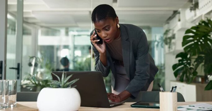Business, laptop and black woman in office with phone call for contact, schedule planning or networking. Communication, website and consultant with smartphone at desk for discussion at digital agency