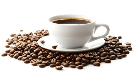 Fototapeta premium White Coffee Cup Resting On Roasted Coffee Beans