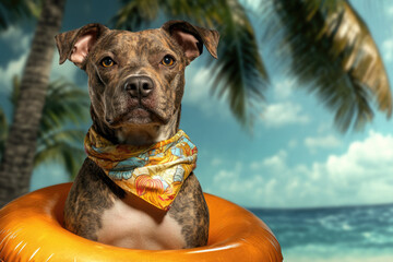 Dog on exotic beach with palm trees and turquoise sea in backdrop, with colorful neck scarf and bright yellow inflatable swim ring. Tropical vacation vibe, for summer, travel, leisure-themed projects