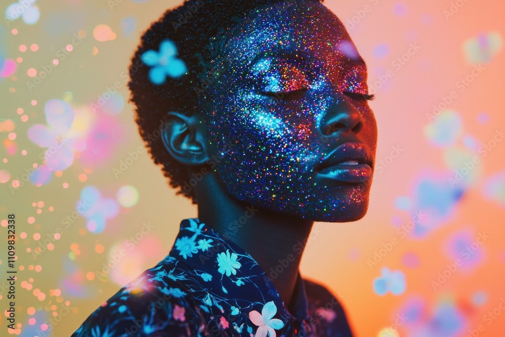 Canvas Prints Beautiful black woman with glitter makeup on her face, eyes closed, surrounded by colorful bokeh and butterfly shapes. Expressing creativity and artistic freedom.