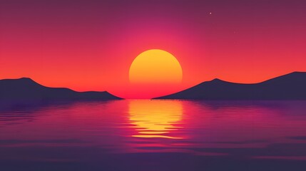 Vibrant Sunset Over Silhouetted Mountains And Calm Water