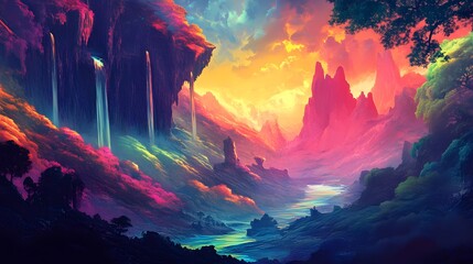 Obraz premium Vibrant Fantasy Landscape With Waterfalls And Mountains