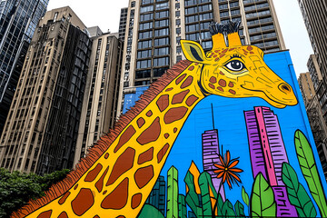 Obraz premium Aerial view of vibrant street art featuring large giraffe mural against urban buildings, showcasing colorful designs and greenery