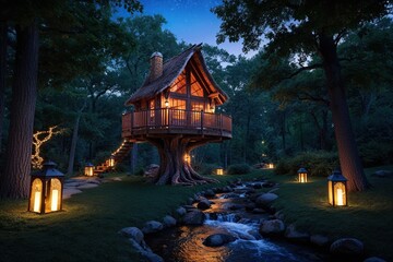 Fototapeta premium Enchanted Forest Treehouse with Glowing Lanterns and Sparkling Stream at Twilight