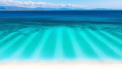 stunning birds eye view of serene underwater scene, showcasing vibrant turquoise waters and gentle waves lapping against sandy shore. tranquil atmosphere invites relaxation and peace