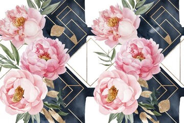 Obraz premium Modern Watercolor Seamless Border Featuring Geometric Designs, Blush Peonies, and Gold Details for Chic Invitations and Elegant Decor