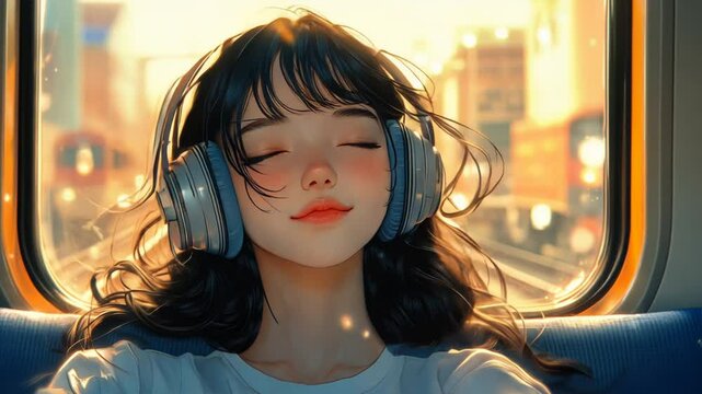 Anime girl enjoying music with headphones on a train journey