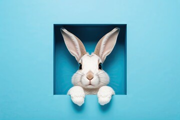 Obraz premium Easter Bunny Peeking from a Bright Blue Background in Three-Dimensional Detail