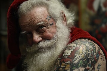 Portrait of modern santa claus showing christmas tattoo on arm