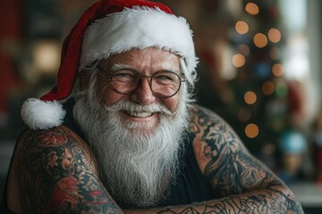 Portrait of a tattooed senior man wearing a santa hat and smiling