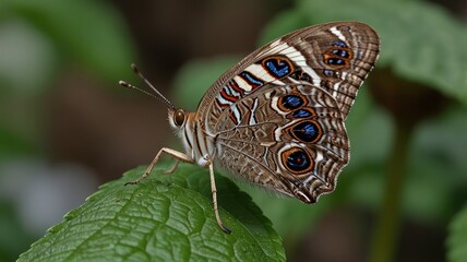 Fototapeta premium Close-up of a butterfly with brown, blue, and white markings perched on a green leaf.