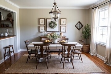 Vintage Farmhouse Eating Room with Art Frame Setup and Neutral Decor