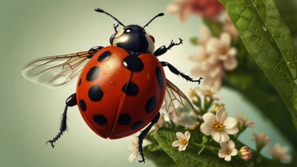Close-up of a ladybug in flight near white flowers.