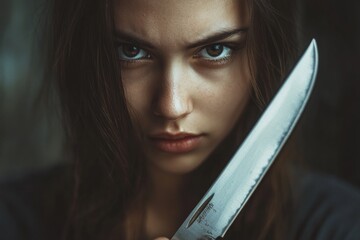 Young woman holding sharp knife making intense eye contact