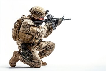 Modern warfare soldier aiming with assault rifle on white background