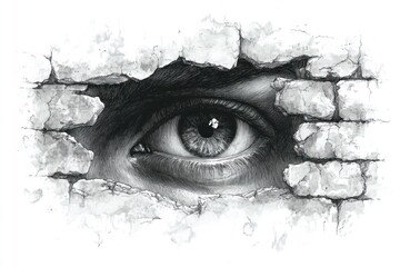 Human eye peeking through a hole in a brick wall