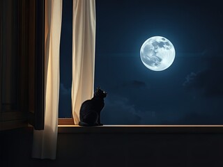 a black cat sitting on a windowsill watching the moon , mystical energies, nocturnal creatures