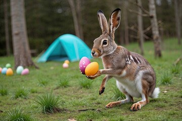 Easter Camping Adventure with a Hare Bringing Easter Eggs into Nature