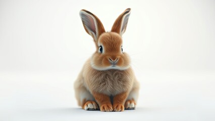 Obraz premium Brown bunny sitting alone in a plain white space with blurred surroundings, wildlife, bunny, solitary