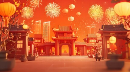 Fototapeta premium Festive Chinese New Year Cityscape with Fireworks and Lanterns