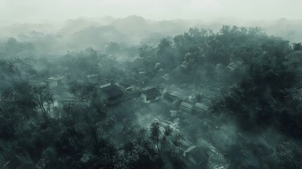 Foggy Village Hidden Deep Within A Lush Forest