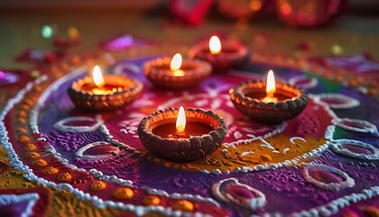diwali diyas on a detailed colorful rangoli