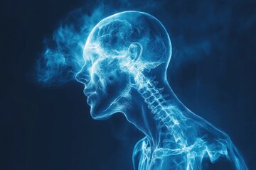 Human head and cervical spine emerging from smoke cloud