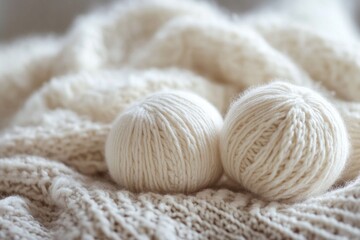 Balls of white yarn resting on knitted wool fabric