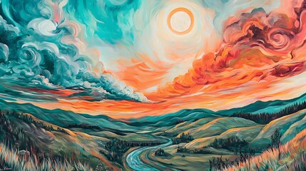 Serene Landscape Painting With Vivid Sky And River