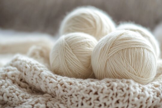 White wool yarn balls resting on knitted blanket: cozy crafts and handmade creations