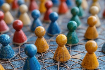 Colorful wooden game pieces on a network board