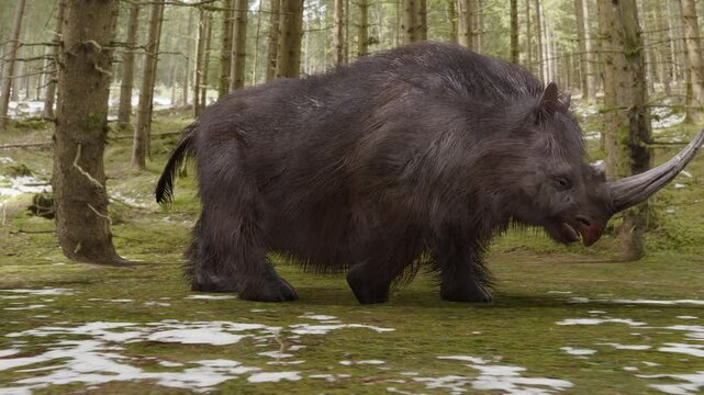 A 3D animation the extinct giant Woolly Rhino of the Ice Age walking through a snowy forest.
