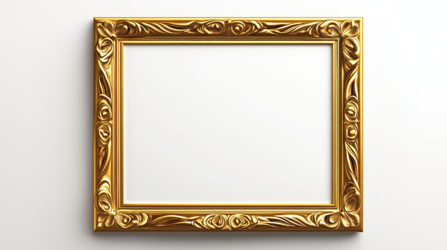 ornate gold frame with intricate patterns, set against plain white background, exudes elegance and sophistication. Perfect for mockup, showcasing art or certificates