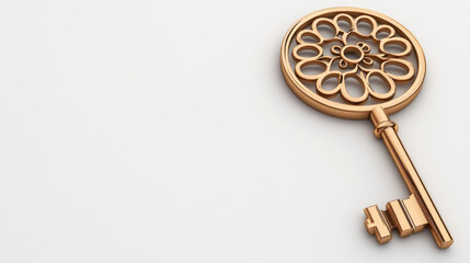 golden key with intricate designs lies on plain surface, showcasing elegance and craftsmanship. key ornate details are highlighted against simple background