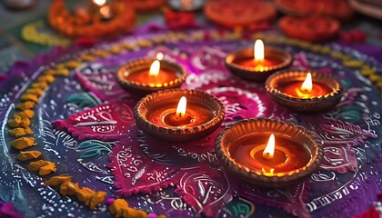 diwali diyas on a detailed colorful rangoli