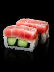 Gourmet experience real flook sushi with tuna and cucumber close-up