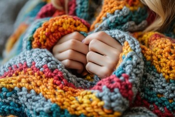 Woman holding colorful handmade crochet knitwear in autumn season