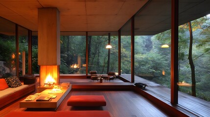 Fototapeta premium Modern forest home with fireplace and large windows