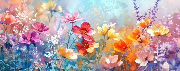 Vibrant field of blooming flowers in various colors, creating a serene and picturesque nature scene. Ideal for spring and floral themes.