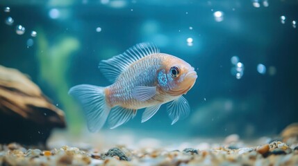 Amphilophus labiatus in an aquarium environment, realistic colors and textures, sharp focus on face and body, gently lit aquarium ambiance with driftwood and gravel at the bottom,