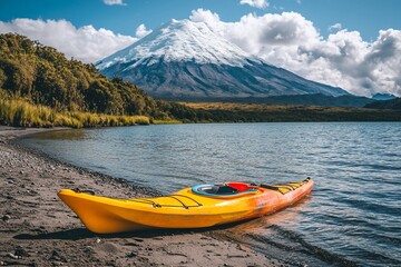 Kayak on lakeshore with snow-capped volcano.