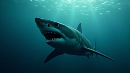 Fototapeta premium A close-up of a shark's face, showcasing its sharp teeth, piercing eyes, and sleek, powerful body as it swims.
