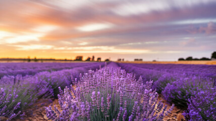Obraz premium A stunning sunset over a vibrant lavender field, showcasing rows of purple blossoms in full bloom, creating a serene and picturesque atmosphere.
