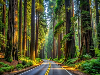 Obraz premium A tranquil road meanders through the towering redwoods illuminated by warm sunlight filtering through the lush canopy inviting exploration and adventure