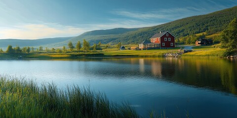 Obraz premium smooth curved roadside and lake with clear water and luxury dark red and gold farmhouse near the green mountain 